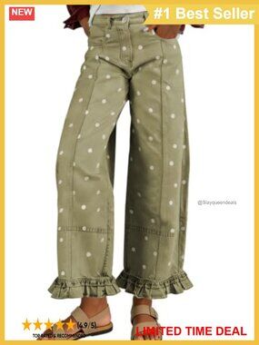 Women's Polka Dot Barrel Jeans Mid Rise Wide Leg Ruffled Denim Pants